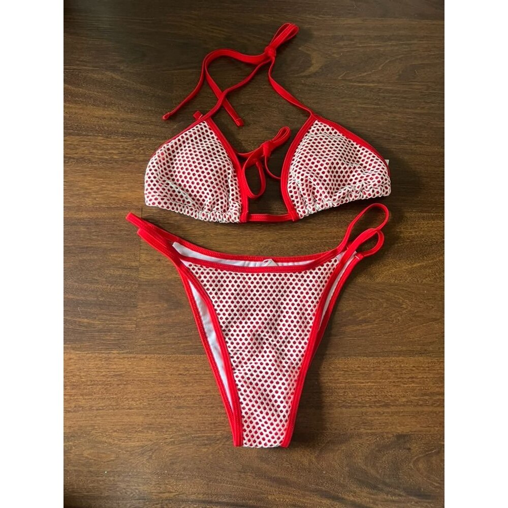 Bikini Set Small Red White Mesh  Triangle Top & Bottom NWT
